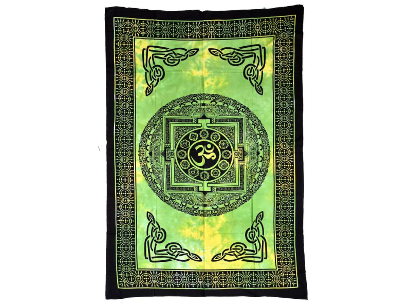 Přehoz přes postel s tibetskou mandalou, zeleno-žlutá batika, 140x200cm
