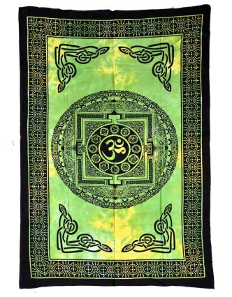 Přehoz přes postel s tibetskou mandalou, zeleno-žlutá batika, 140x200cm