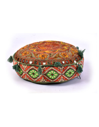 Zelený meditační polštář, ručně vyšívaný Gujarat Design, kulatý, 40x12cm