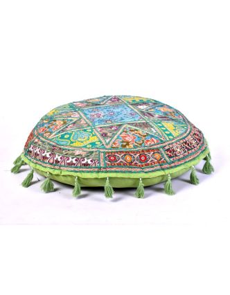 Zelený meditační polštář, ručně vyšívaný Kutch Design, kulatý, 75x 25cm
