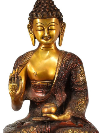 Mosazná soška, Buddha Amoghasiddhi, červená patina, 20x32cm