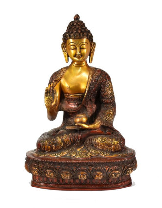 Mosazná soška, Buddha Amoghasiddhi, červená patina, 20x32cm