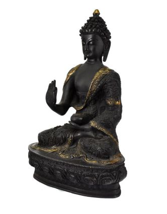 Mosazná soška, Buddha Amoghasiddhi, černá patina, 21x31cm