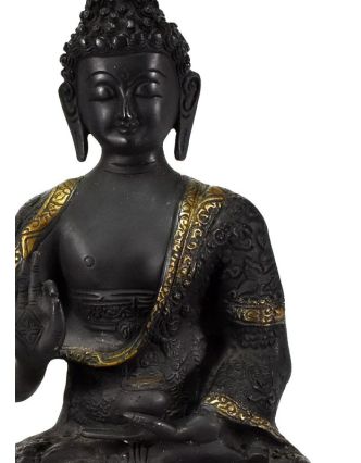 Mosazná soška, Buddha Amoghasiddhi, černá patina, 21x31cm