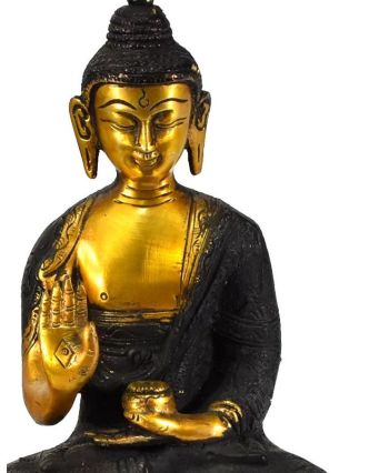 Mosazná soška, Buddha Amoghasiddhi, černá patina, 14x21cm