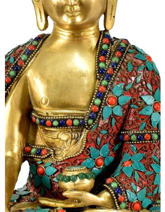 Mosazná soška Buddhy Šakjamuniho, zdobená polodrahokamy, 19x25cm