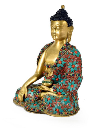 Mosazná soška Buddhy Šakjamuniho, zdobená polodrahokamy, 19x25cm