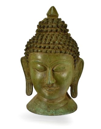 Mosazná hlava Buddhy, zelená patina, 15x25cm
