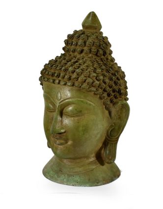 Mosazná hlava Buddhy, zelená patina, 15x25cm