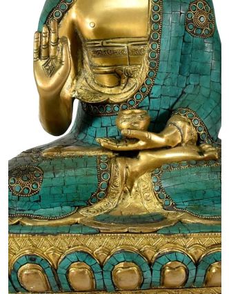 Mosazná soška, Buddha Amoghasiddhi zdobený polodrahokamy, 26x40cm
