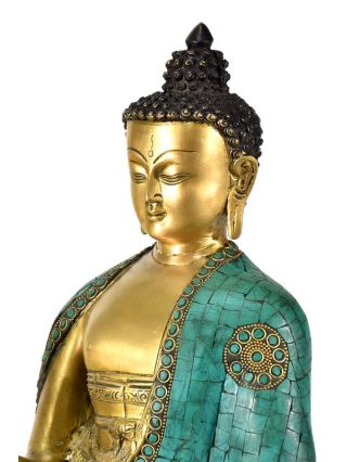 Mosazná soška, Buddha Amoghasiddhi zdobený polodrahokamy, 26x40cm
