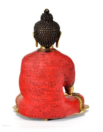 Mosazná soška, Buddha Amoghasiddhi zdobený polodrahokamy, 27x34cm