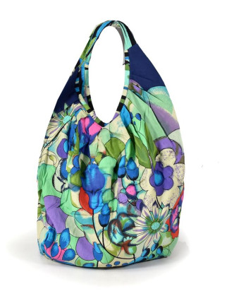 Tmavě modro-zelená velká taška s potiskem květin, zapínání na zip, uši