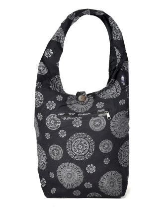 Černá taška přes rameno s potiskem mandal, bavlna, popruh, kapsa, 40x35cm