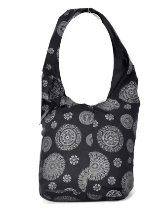 Černá taška přes rameno s potiskem mandal, bavlna, popruh, kapsa, 40x35cm