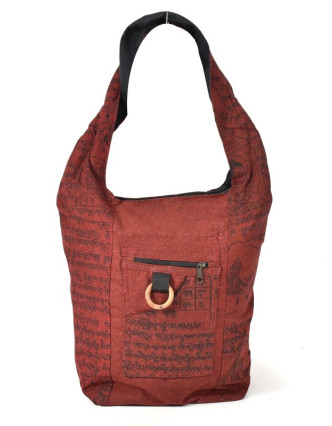 Vínová taška přes rameno, potisk mantra, bavlna, popruh, kapsa, 40x35cm