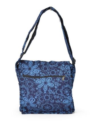 Modrá taška přes rameno s potiskem květin, bavlna, popruh, kapsa, 37x35cm