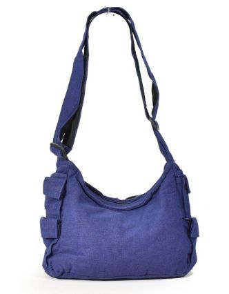 Taška přes rameno, modrá s potiskem, bavlna, popruh, kapsa, cca 37x25cm