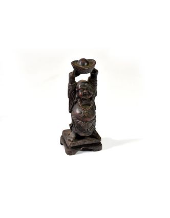 Soška smějící se Buddha, ruce nahoře s miskou, pryskyřice, 17x6cm