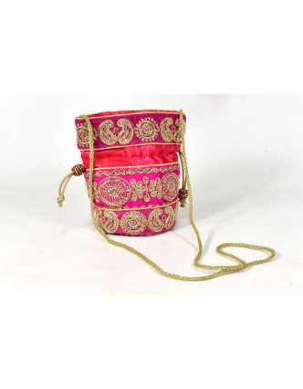 Malá růžová kabelka bohatě zdobená zlatou výšivkou a flitry, 19x19cm