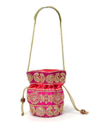 Malá růžová kabelka bohatě zdobená zlatou výšivkou a flitry, 19x19cm