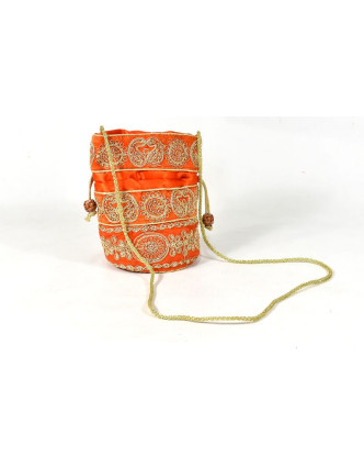 Malá oranžová kabelka bohatě zdobená zlatou výšivkou a flitry, 19x19cm