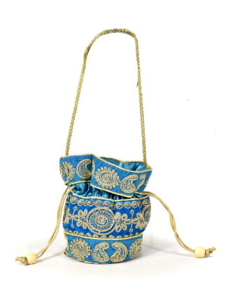 Malá modrá kabelka bohatě zdobená zlatou výšivkou a flitry, 19x19cm