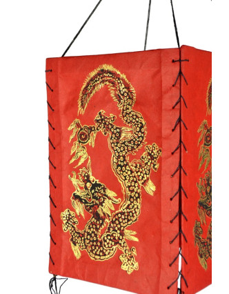 Čtyřboký lampion - stínidlo se zlatým potiskem draka, červená, 18x25cm