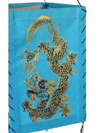Čtyřboký lampion - stínidlo se zlatým potiskem draka, tyrkysová, 18x25cm