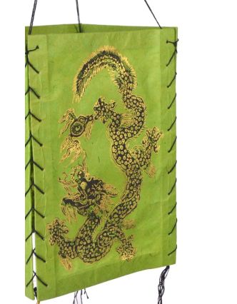 Čtyřboký lampion - stínidlo se zlatým potiskem draka, zelená, 18x25cm