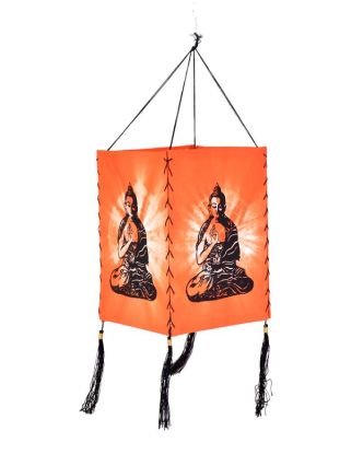 Oranžové látkové stínidlo-lampion s potiskem Buddhy, čtyřboké, 20x28cm