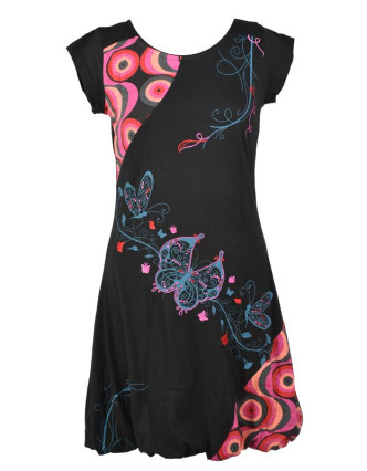 Balonové šaty s krátkým rukávem, černo-růžové , "Butterfly design", výšivka