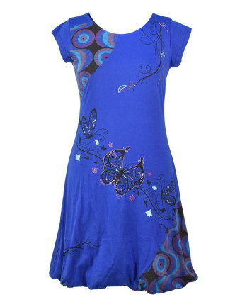Balonové šaty s krátkým rukávem, modré, "Butterfly design", výšivka