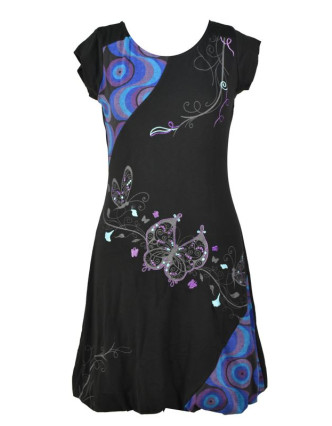 Balonové šaty s krátkým rukávem, černo-modré, "Butterfly design", výšivka