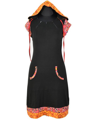 Krátké černo-růžové šaty s kapucí a krátkým rukávem, bublinkový potisk, kapsy