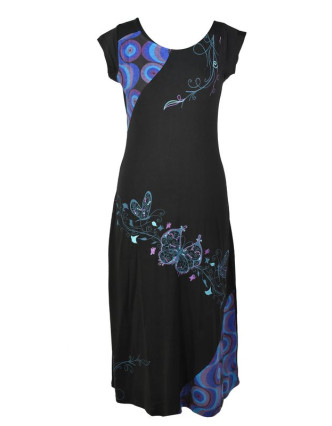 Dlouhé černo-modré šaty s krátkým rukávem, "Butterfly design", výšivka
