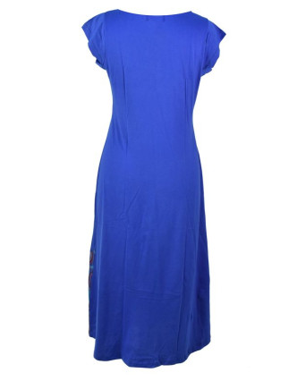Dlouhé modré šaty s krátkým rukávem, "Butterfly design", výšivka