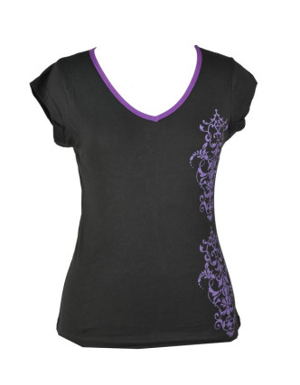 Černo-fialové tričko s krátkým rukávem a ornamentálním potiskem, V výstřih