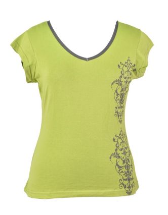 Zeleno-šedé tričko s krátkým rukávem a ornamentálním potiskem, V výstřih