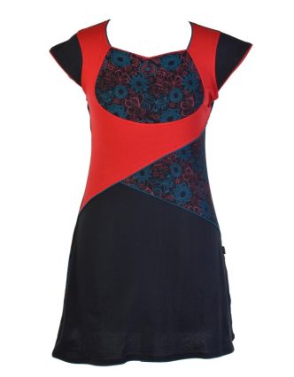 Šaty krátké, krátký rukáv, černo-červené, flower print, asymetrický střih, lemy