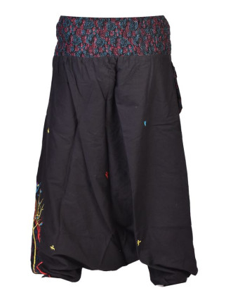 Černé turecké kalhoty, "Birds design", barevná výšivka, kapsička, bobbin