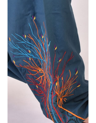 Petrolejové turecké kalhoty, "Birds design", barevná výšivka, kapsička, bobbin