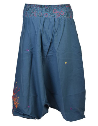 Petrolejové turecké kalhoty, "Birds design", barevná výšivka, kapsička, bobbin