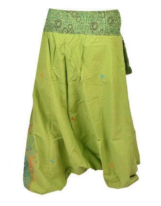 Zelené turecké kalhoty, "Birds design", barevná výšivka, kapsička, bobbin