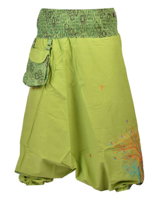 Zelené turecké kalhoty, "Birds design", barevná výšivka, kapsička, bobbin