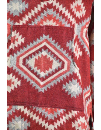 Multibarevný anorak s kapucí, knoflíky, červená, vzor aztec