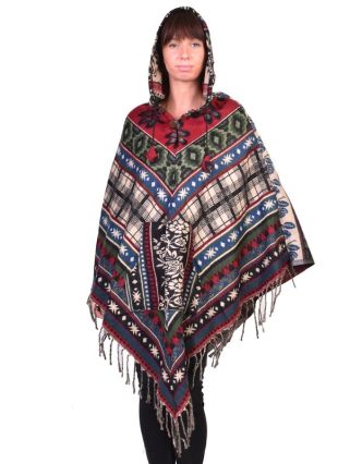 Dámské krátké pončo s kapucí a třásněmi, multicolor, vzor aztec