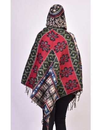 Dámské krátké pončo s kapucí a třásněmi, multicolor, vzor aztec