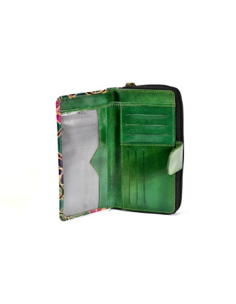 Peněženka design "Tube", ručně malovaná kůže, zelená, 18x10cm
