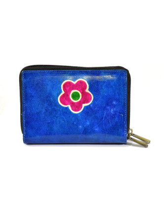 Peněženka design "Flower", ručně malovaná kůže, modrá, 15x10cm